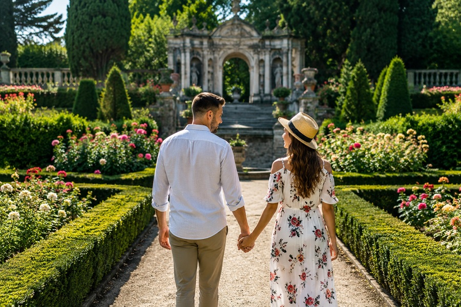 Couples Exploring Historic Gardens